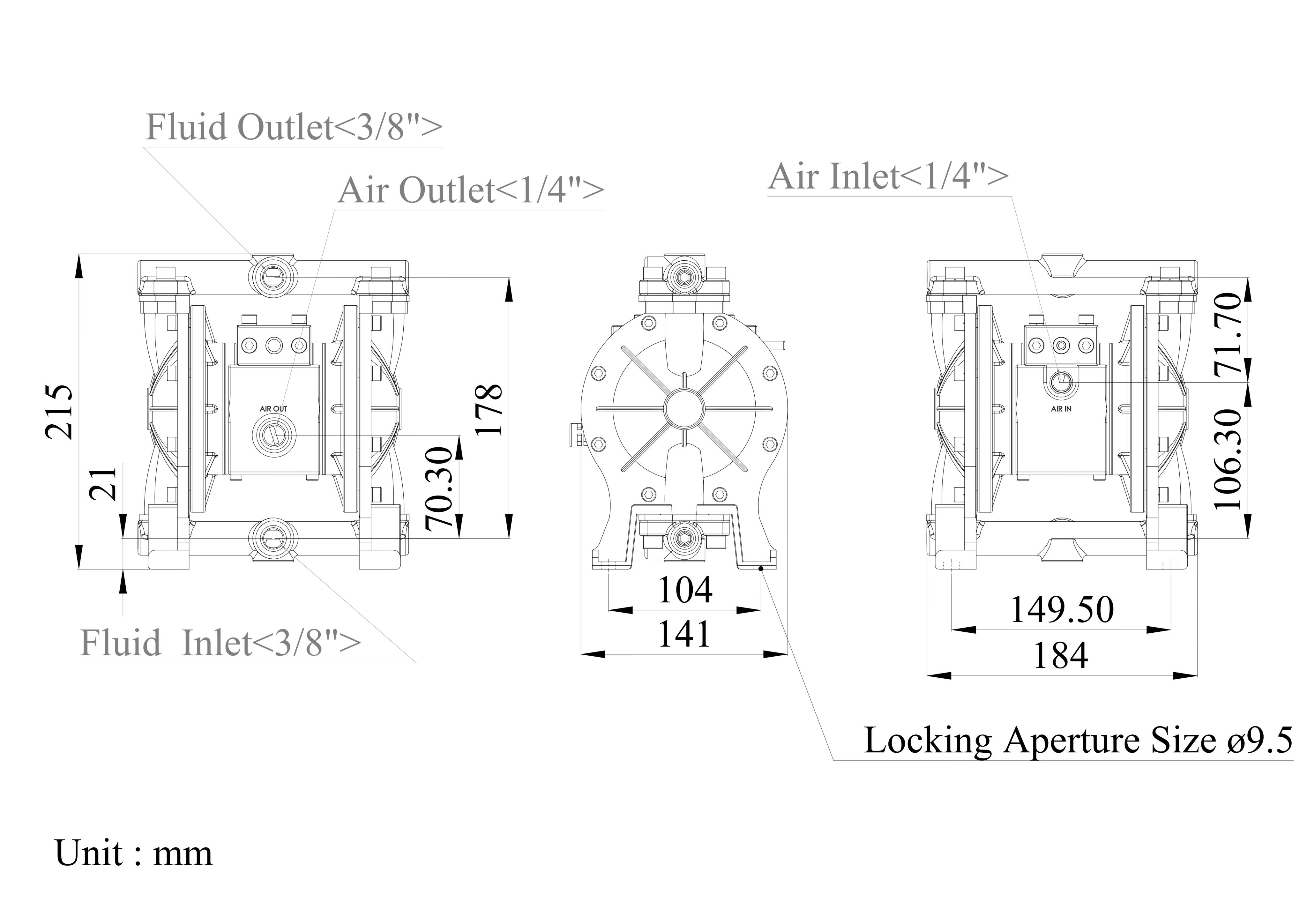 3/8 Inch Aluminum Alloy Air-Operated Double Diaphragm Pump Dimensional Data| DYI SHENG