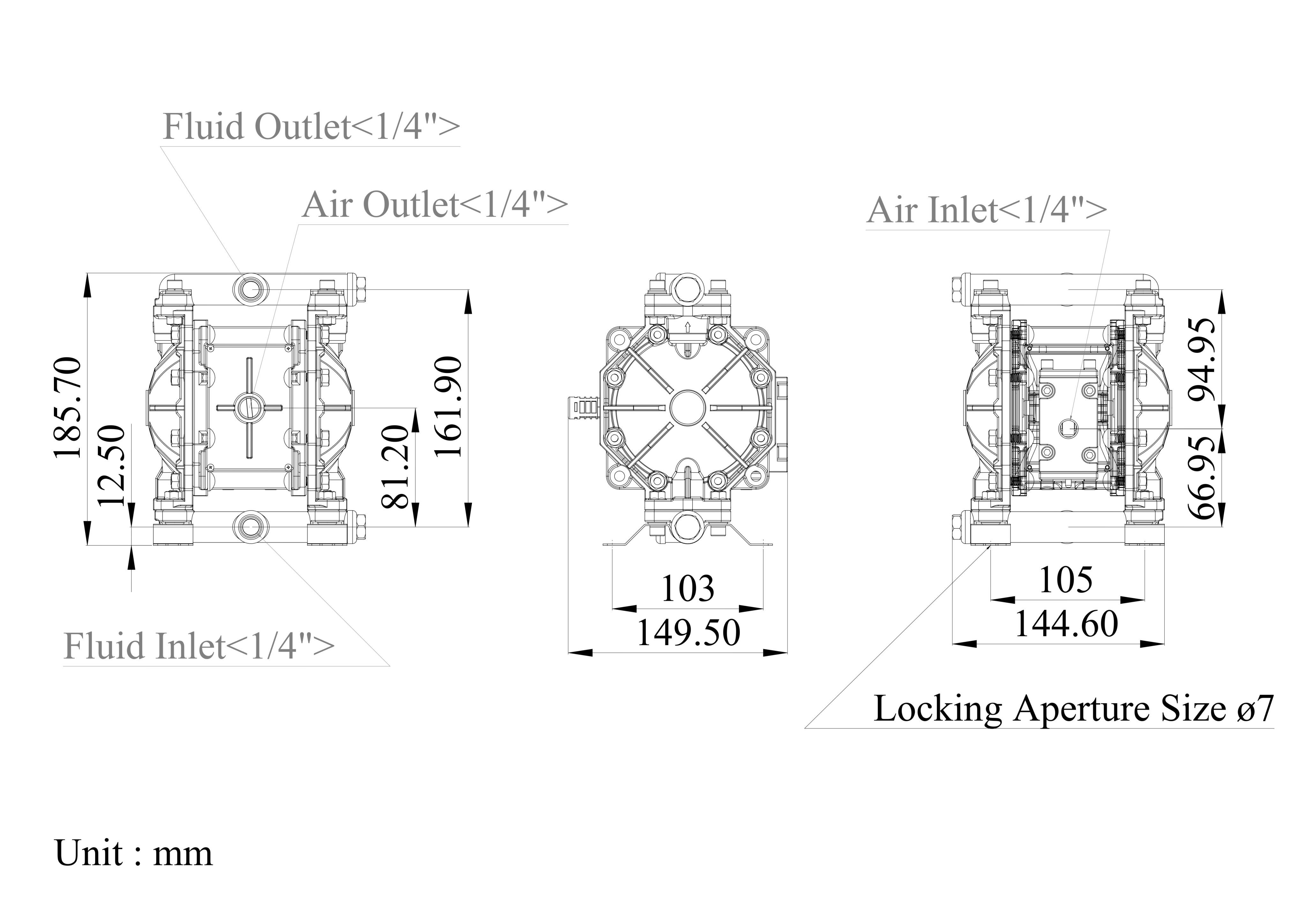 1/4 Inch Polypropylene Air-Operated Double Diaphragm Pump Dimensional Data| DYI SHENG