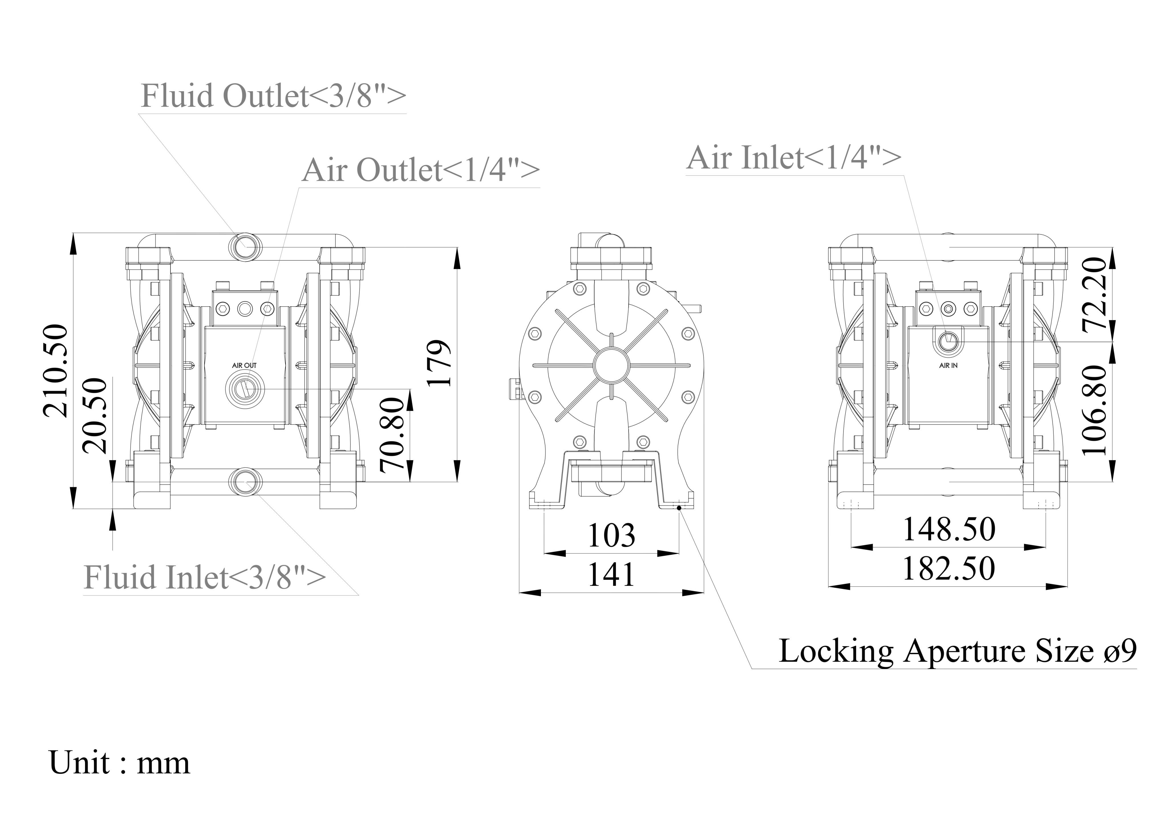 3/8 Inch Stainless Steel 316 Air-Operated Double Diaphragm Pump Dimensional Data| DYI SHENG