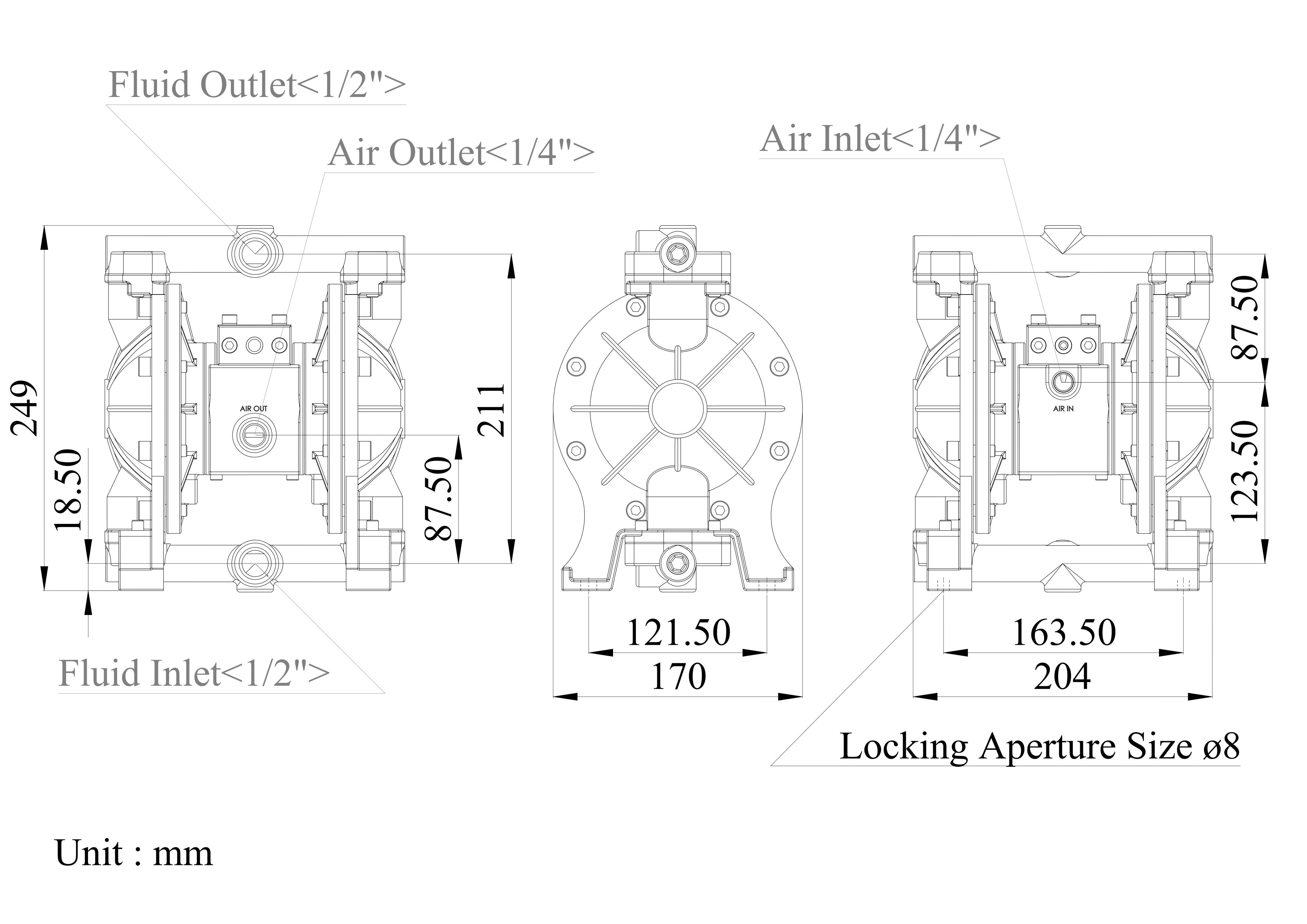 1/2 Inch Aluminum Alloy Air-Operated Double Diaphragm Pump Dimensional Data| DYI SHENG