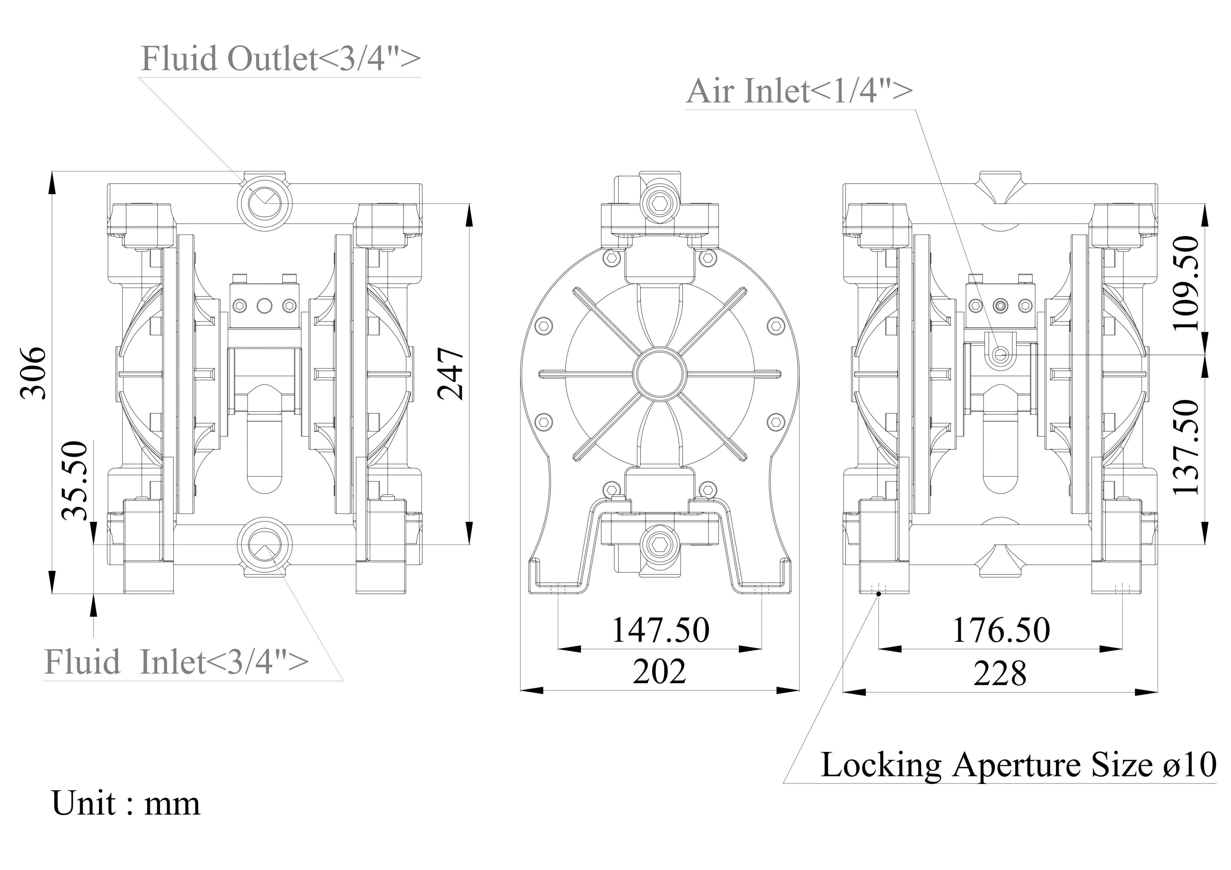3/4 Inch Aluminum Alloy Air-Operated Double Diaphragm Pump Dimensional Data| DYI SHENG