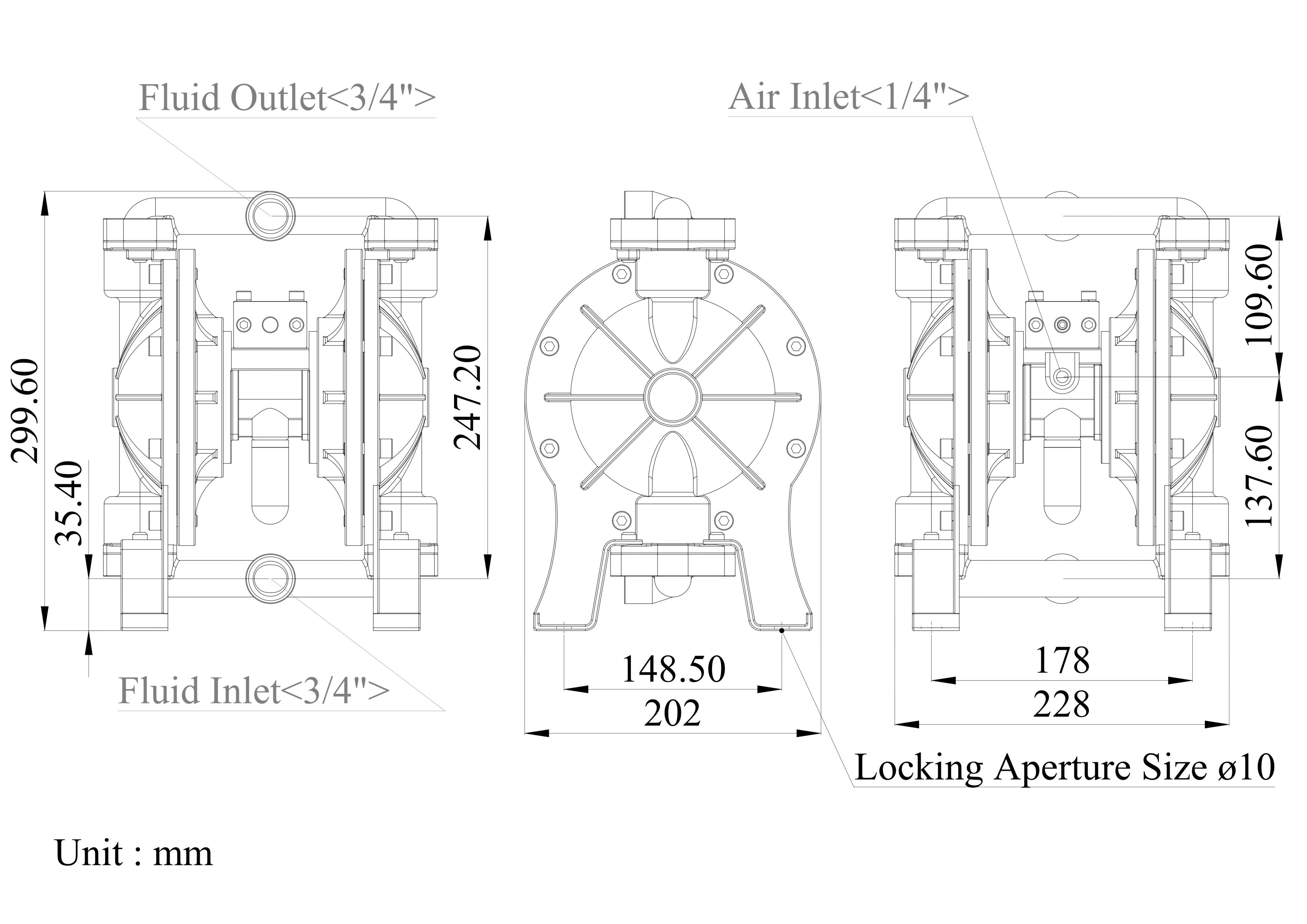 3/4 Inch Stainless Steel 316 Air-Operated Double Diaphragm Pump Dimensional Data| DYI SHENG