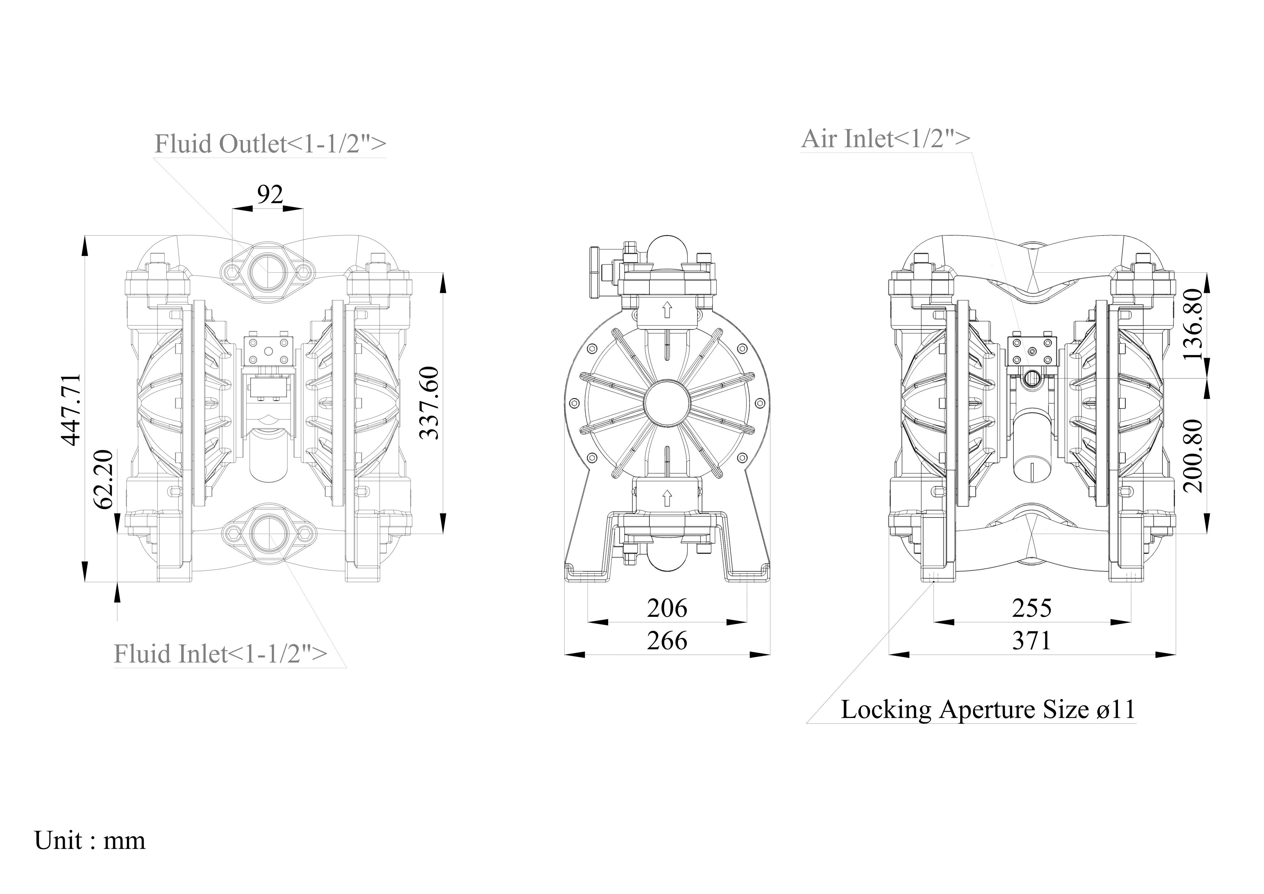 Dimensional Data of 1-1/2 Inch Aluminum Alloy Air-Operated Double Diaphragm Pump | TDS-DYISHENG Pump