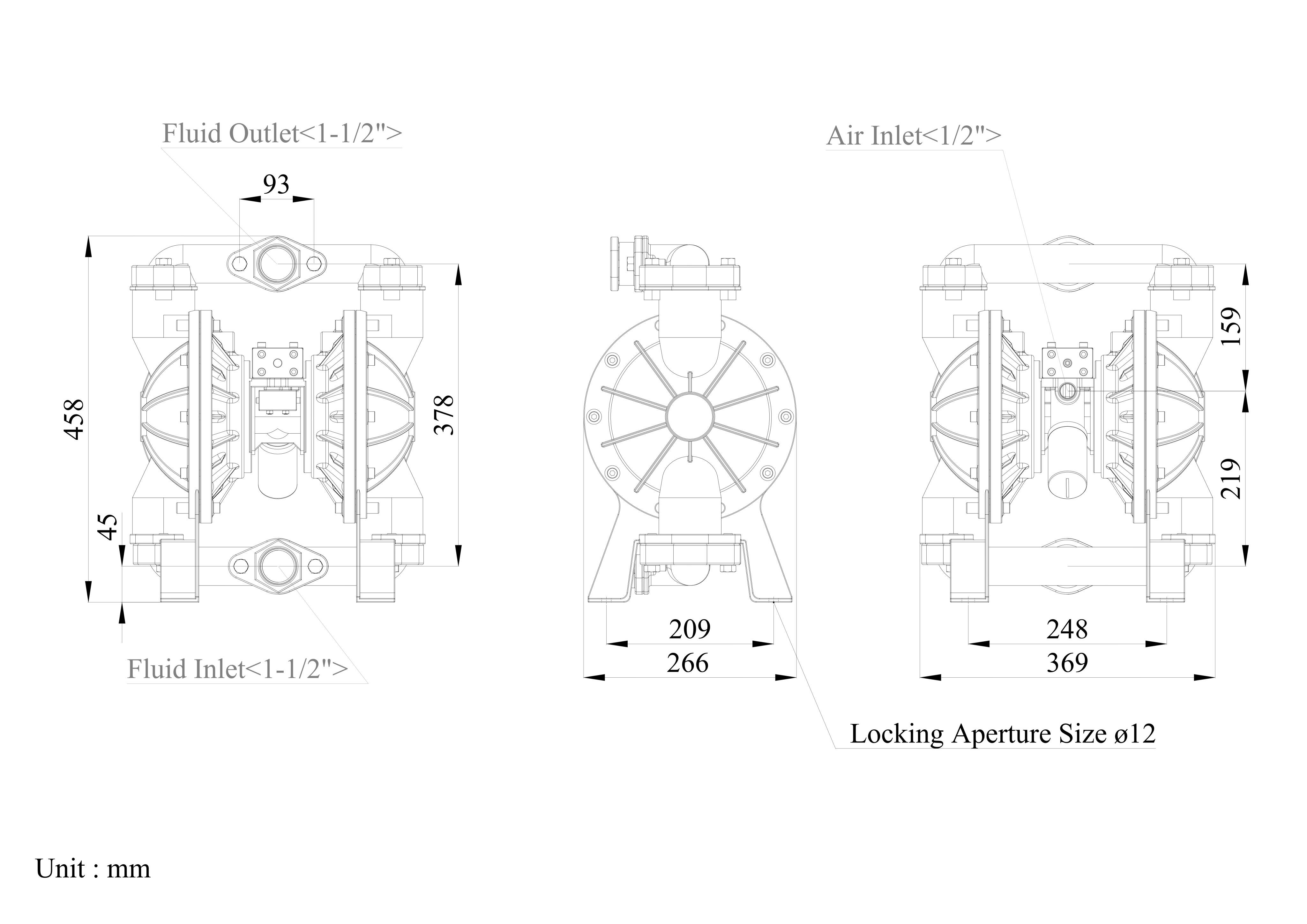 Dimensional Data of 1-1/2 Inch Stainless Steel 316 Air-Operated Double Diaphragm Pump | TDS-DYISHENG Pump
